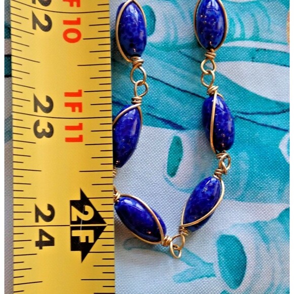 Lapis Lazuli Bead Copper Wire Wrapped Chain Link Long Single Strand Necklace 48" - Picture 3 of 14